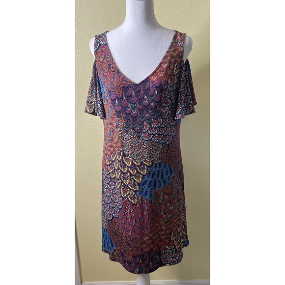 MSK Womens Cold Shoulder Flutter Sleeve Knee Length Paisley Shift Dress L NWT - Picture 2 of 8